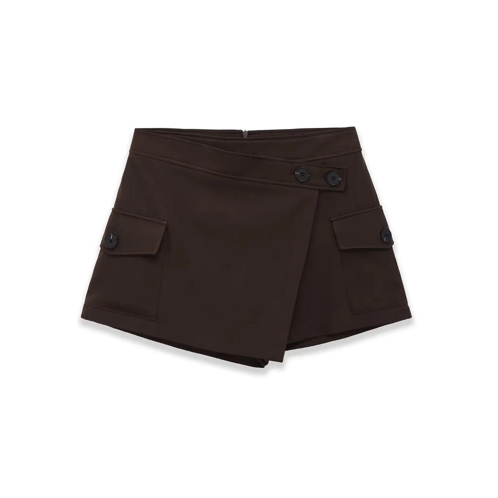 Women's Workwear Skirt-pants Dark Brown Wrap Design Cargo Skort With Pockets For Women High Waist Summer Shorts Elegant 56S3
