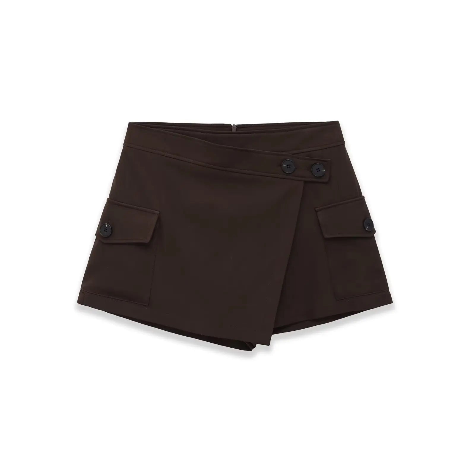 Women's Workwear Skirt-pants Dark Brown Wrap Design Cargo Skort With Pockets For Women High Waist Summer Shorts Elegant 56S3