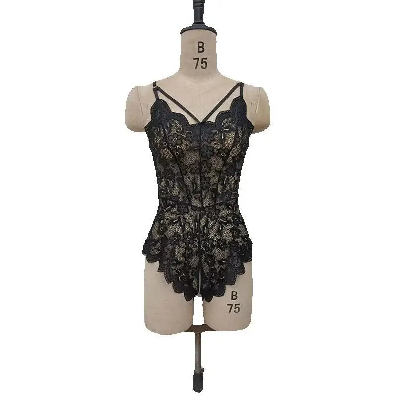 Sexy Crotchless Black Underwear Women Lace Hollow Bra Set Erotic Costume Teddy Baby Doll Dress Deep V Open Bra Porn Lingerie Set