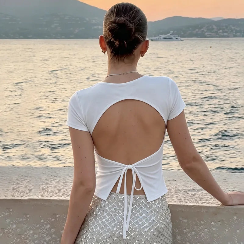 FDYOUI Fashion Casual Backless Lace-up T-shirts Women's Summer O-neck Short Sleeve Cropped Tops Streetwear Y2K Solid Tee Shirt
