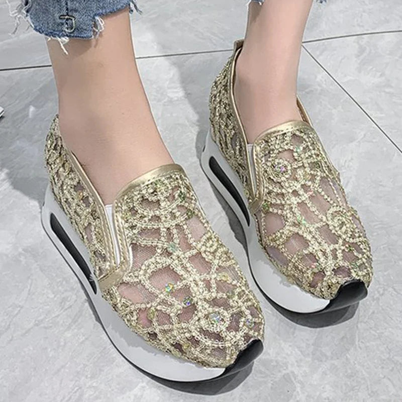 Spring Autumn Luxury Crystal Sneakers Women Breathable Mesh Sports Shoes for Woman Retro Low Top Platform Vulcanize Shoes Lady