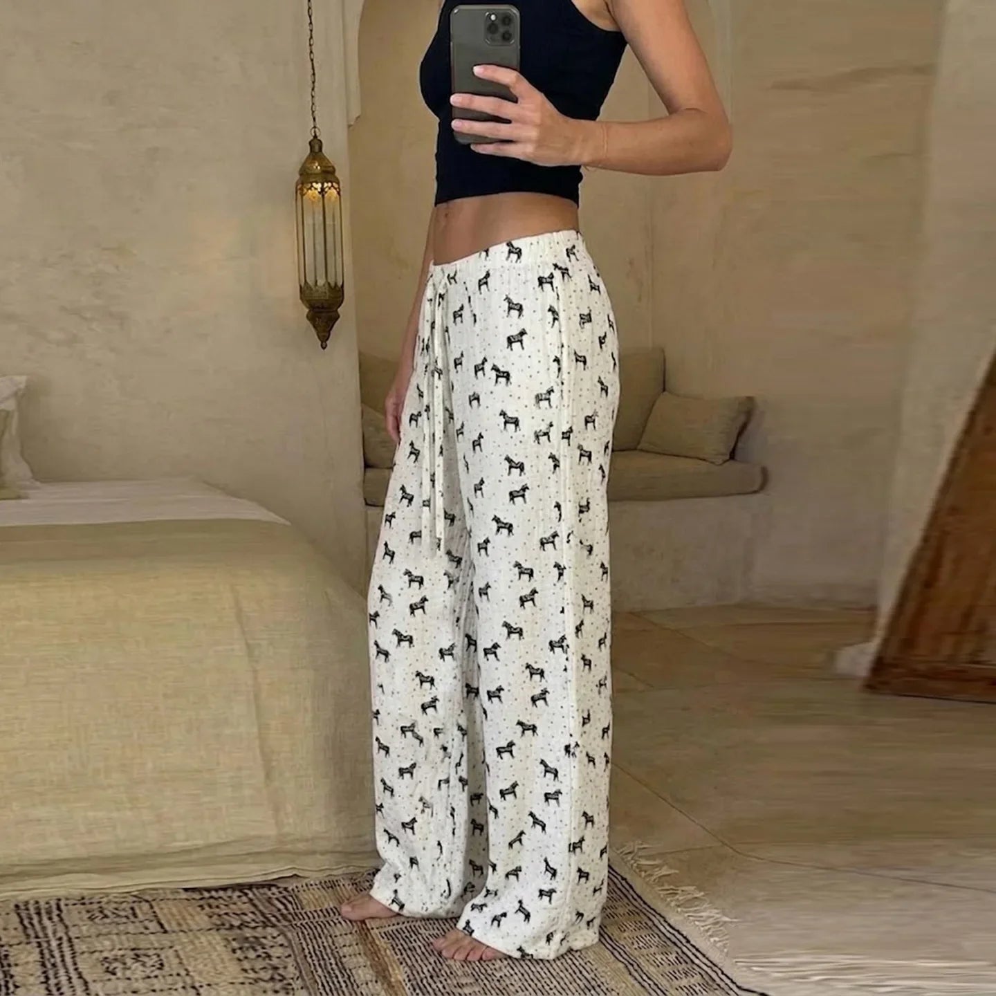 Women's lazy style home casual pants low-waisted straight loose knitted trousers