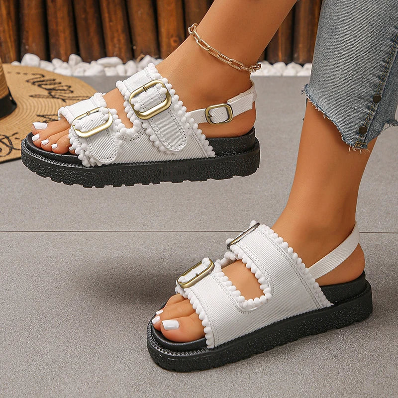 2026 Summer Denim Platform Sandals Women Fashion Buckle Thick Bottom Rome Sandles Woman Plus Size Non Slip Soft Sole Sandalias