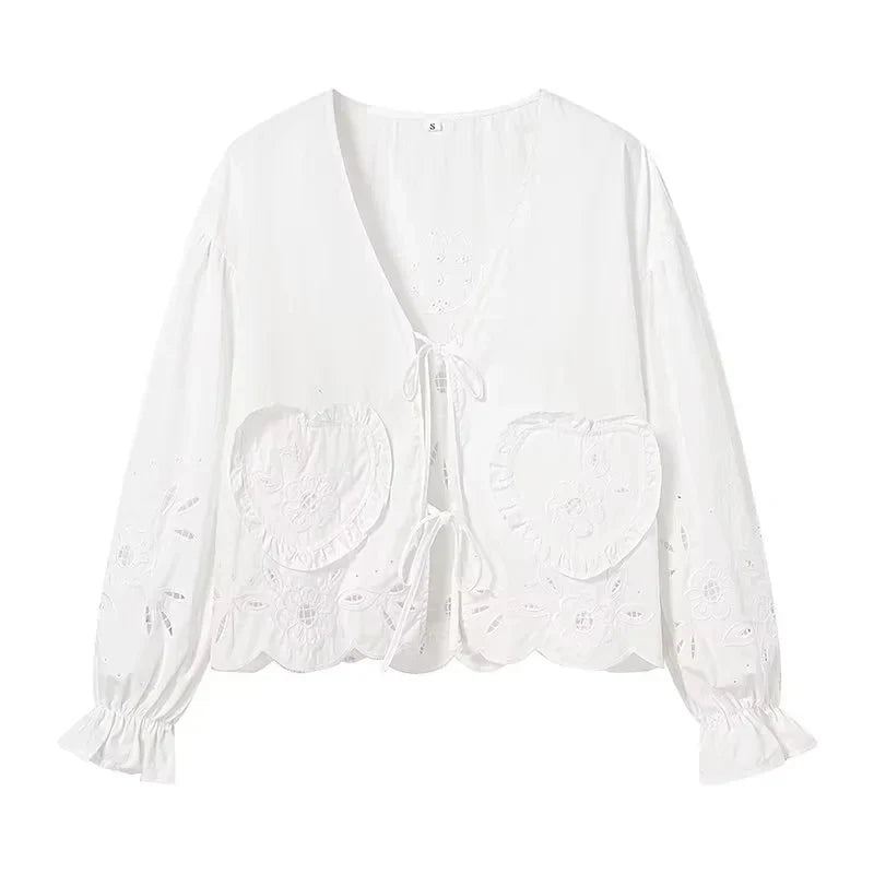 Foridol Heart Embroidery White Cotton Women Blouse Bowknot Spring Summer Lantern Sleeve Casual Shirt V Neck Loose Chic Blusa