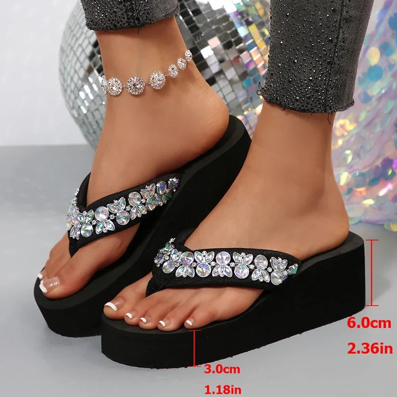 Luxury Rhinestone Wedges Slippers Women 2025 Summer Lightweight Platform Flip Flops Woman Plus Size 36-43 Clip Toe Beach Sandals
