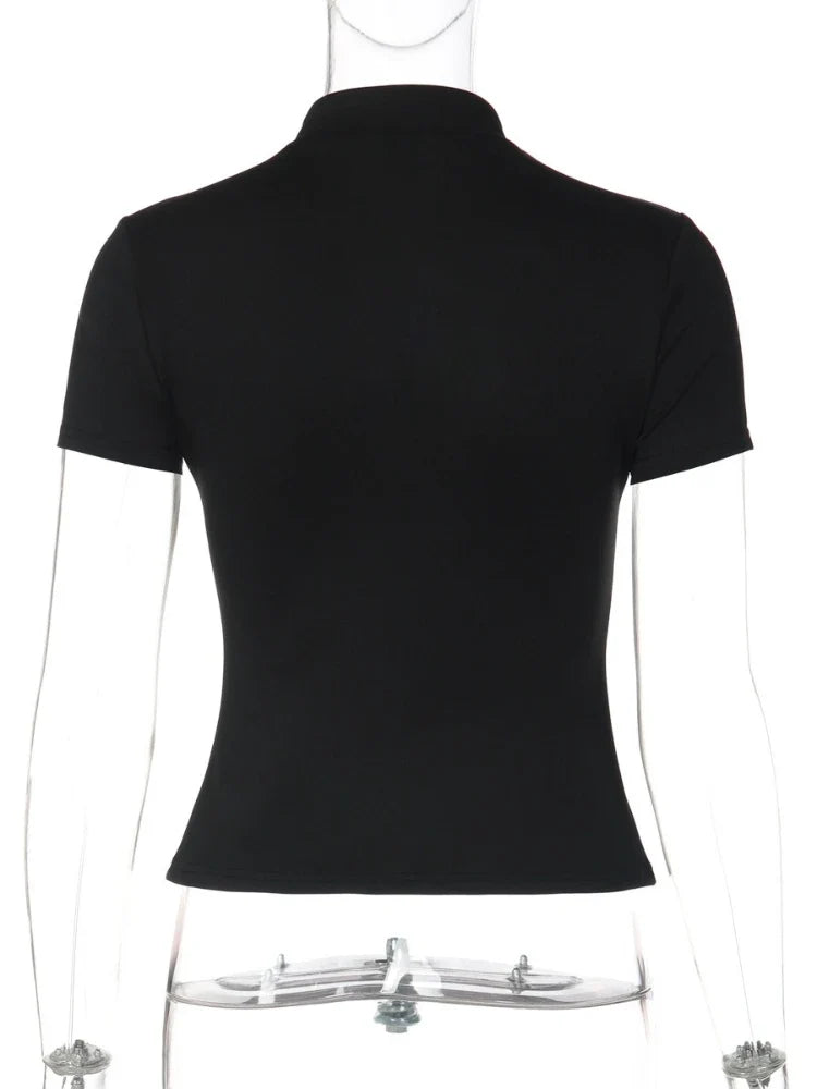 FDYOUI Fashion Stand Collar Button Hollow Out T-shirt for Women 2026 Sexy Short Sleeve Slim Cropped T Shirts Black Wine Red Tops
