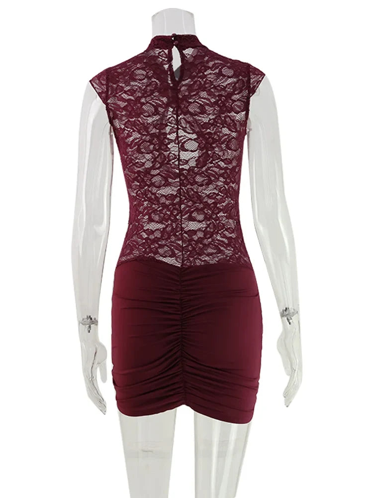 Ahagaga Sexy Club Women's Mini Dresses Lace Patchwork Hollow Out Sheath Slim Fit Half High Collar Folds Bodycon Streetwear Trend