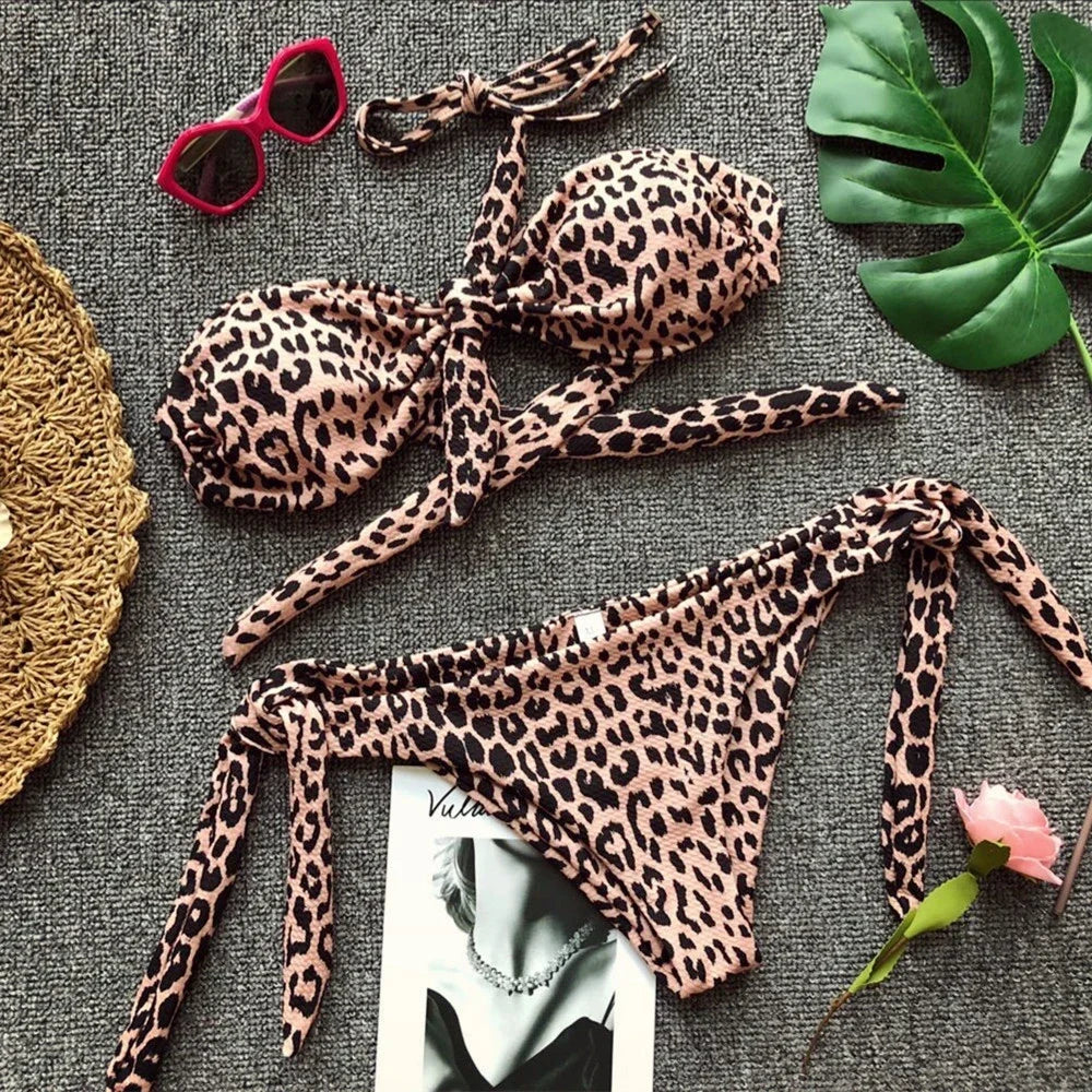 Leopard Knotted Polka Dot Bikini 2025 Women Strapless Bandeau Swimsuit Female Swimwear Two Pieces Bikini Set Bathing Suit Swim