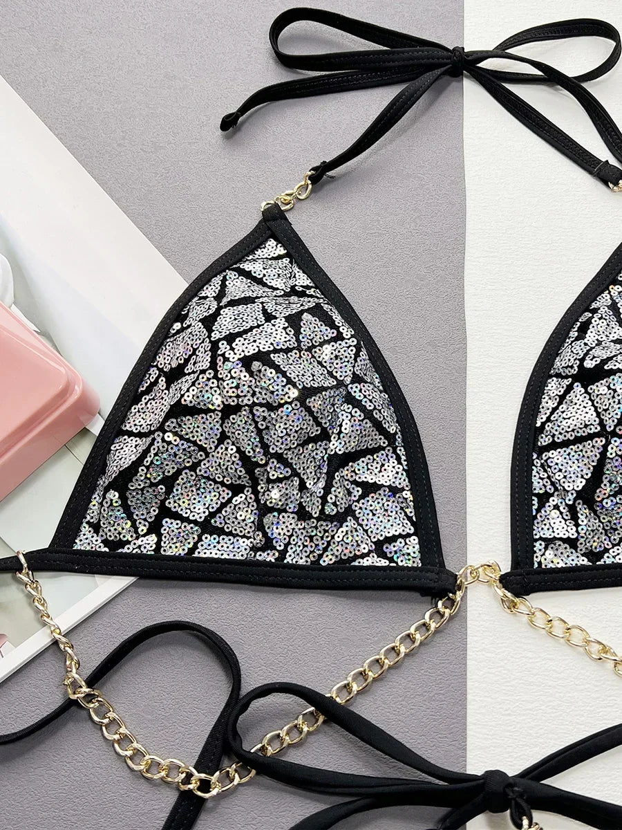 Shiny Bling Halter Metal Chains Sequins Bikini Women Swimwear Female Swimsuit Two-pieces Bikini Set High Cut Bathing Suit Swim