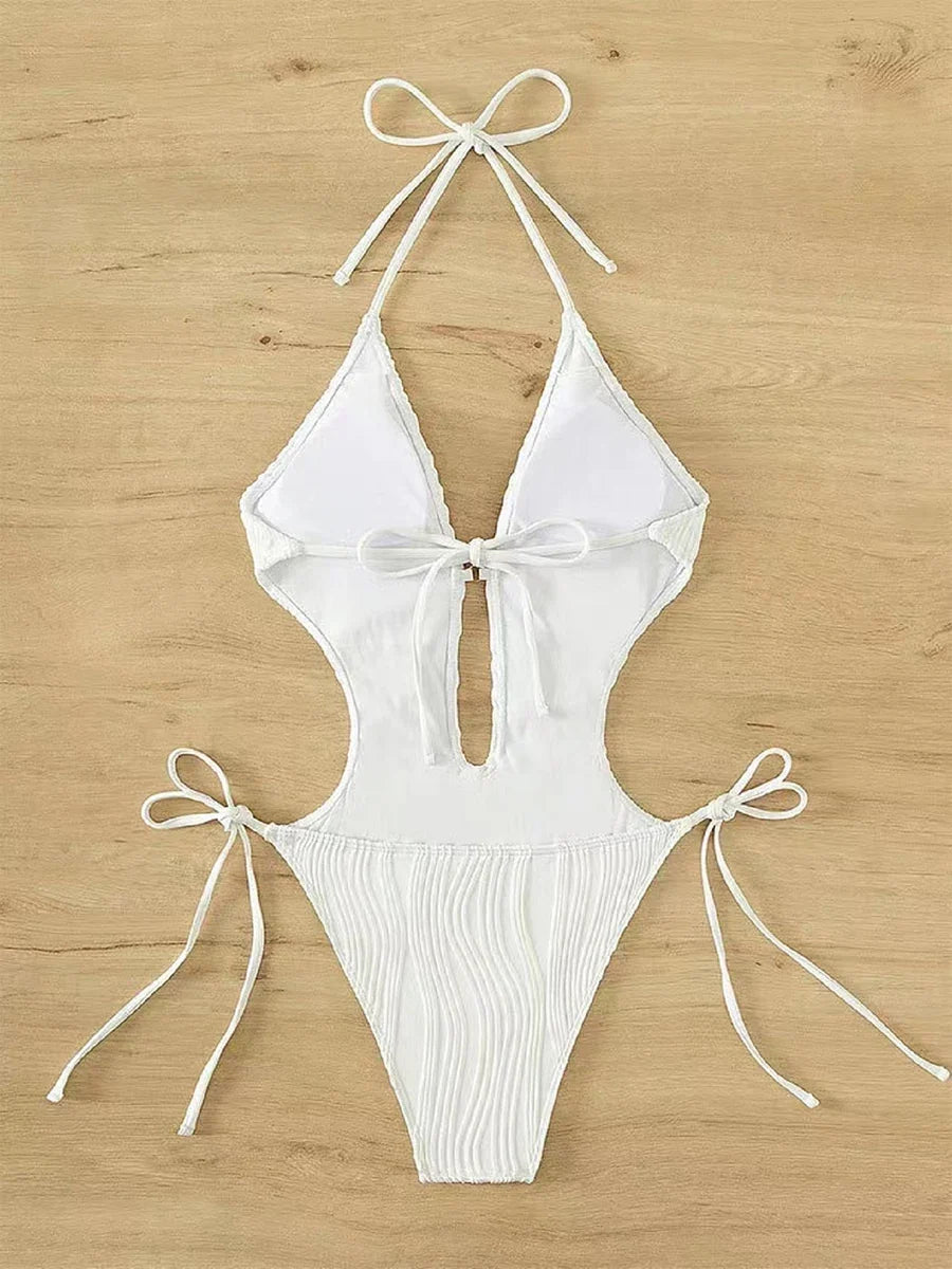 Monokini 2026 Drawstring Swimsuit One Piece Sexy Solid Hollow Swimwear Women Bathing Swimming Swim Suit Padded Beachwear Summer
