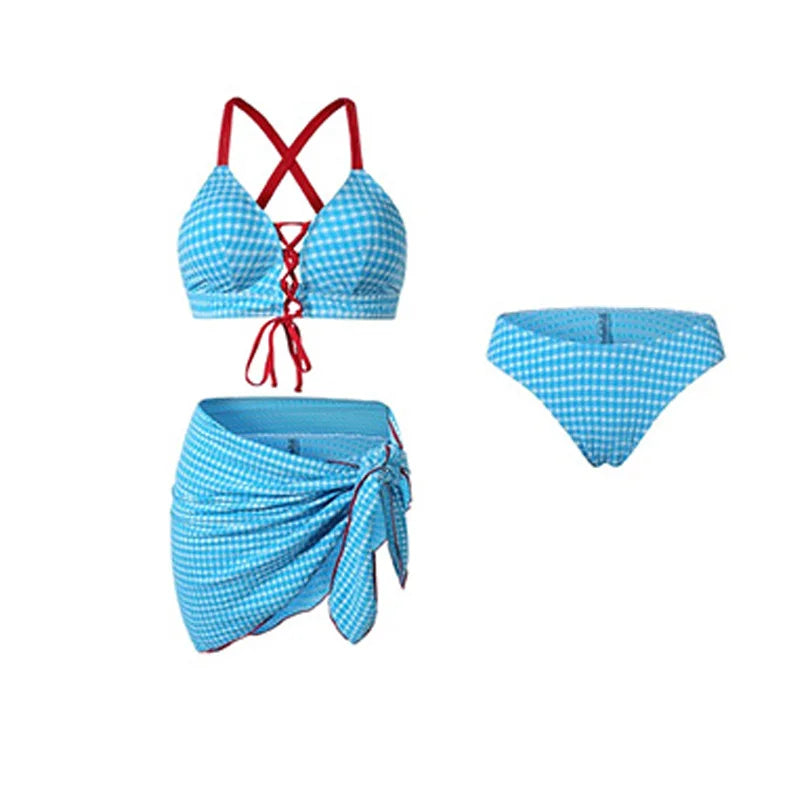 Cut Blue Plaid Patchwork Bikini Set 2026 Women Drawstring Push Up Bra Skirts Bands 4 Piece Swimsuit Beach Bathing Suit Swimwear