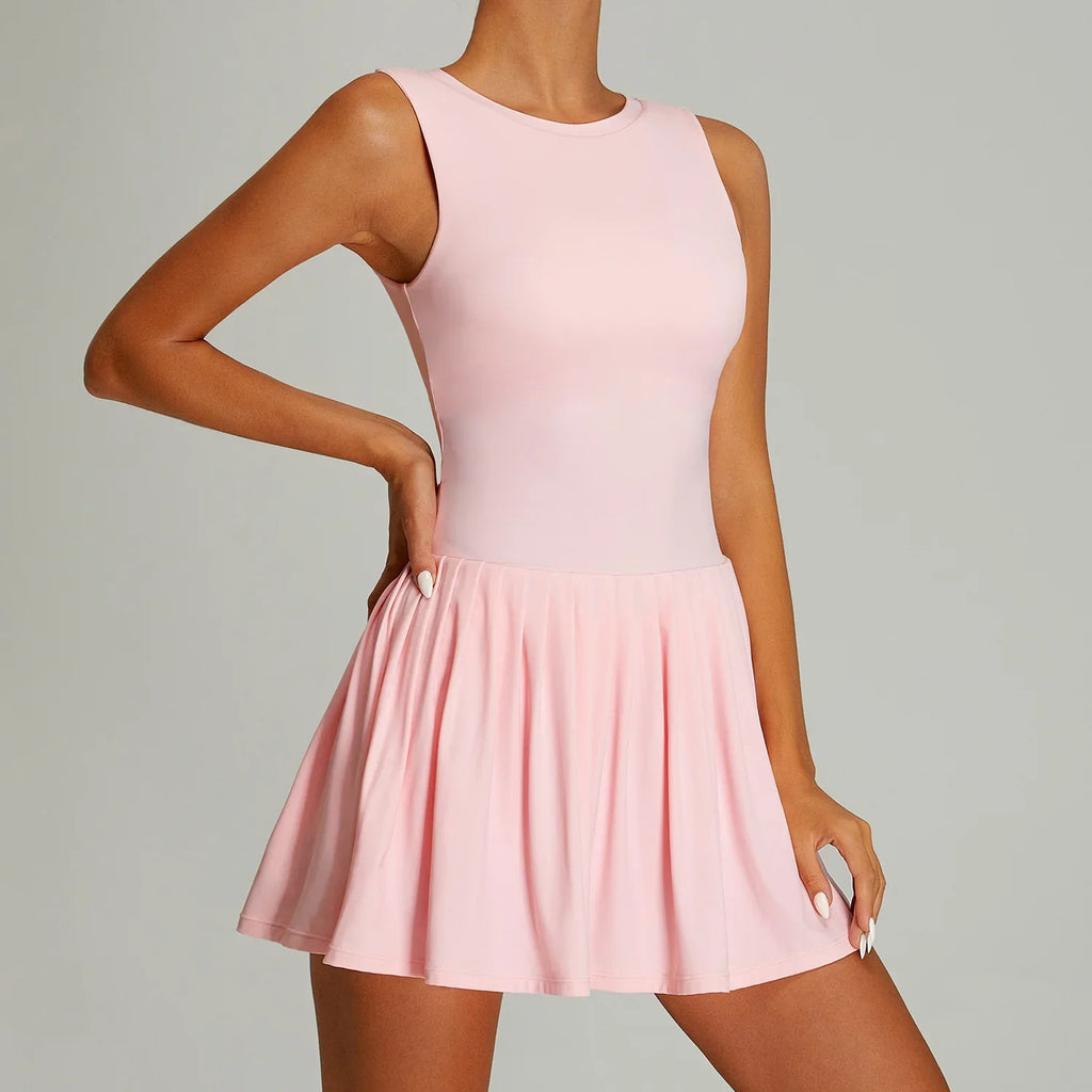 Naked Breathable Sleeveless Tennis Dress for Women O Neck Sleeveless High-intensity Sports Pleated Skirt with Separate Shorts
