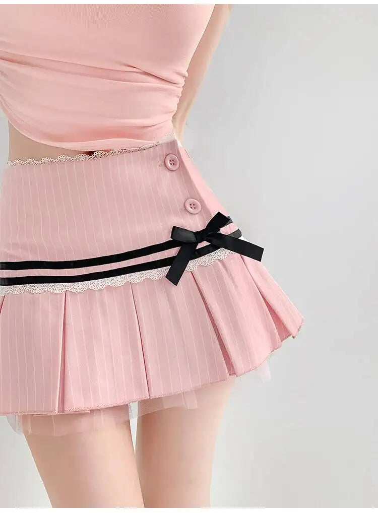 Striped Contrasting Color Bow Lace Splicing Pleated Skirt Women 2026 Summer American Style Low Waist  A-line Short Skirt UBFK