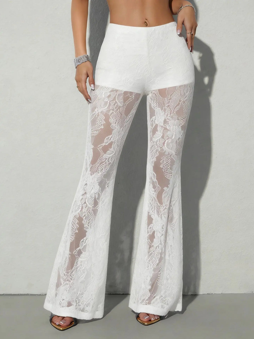 Women's summer lace see-through high-waist flared pants sexy bootcut trousers hot girl style