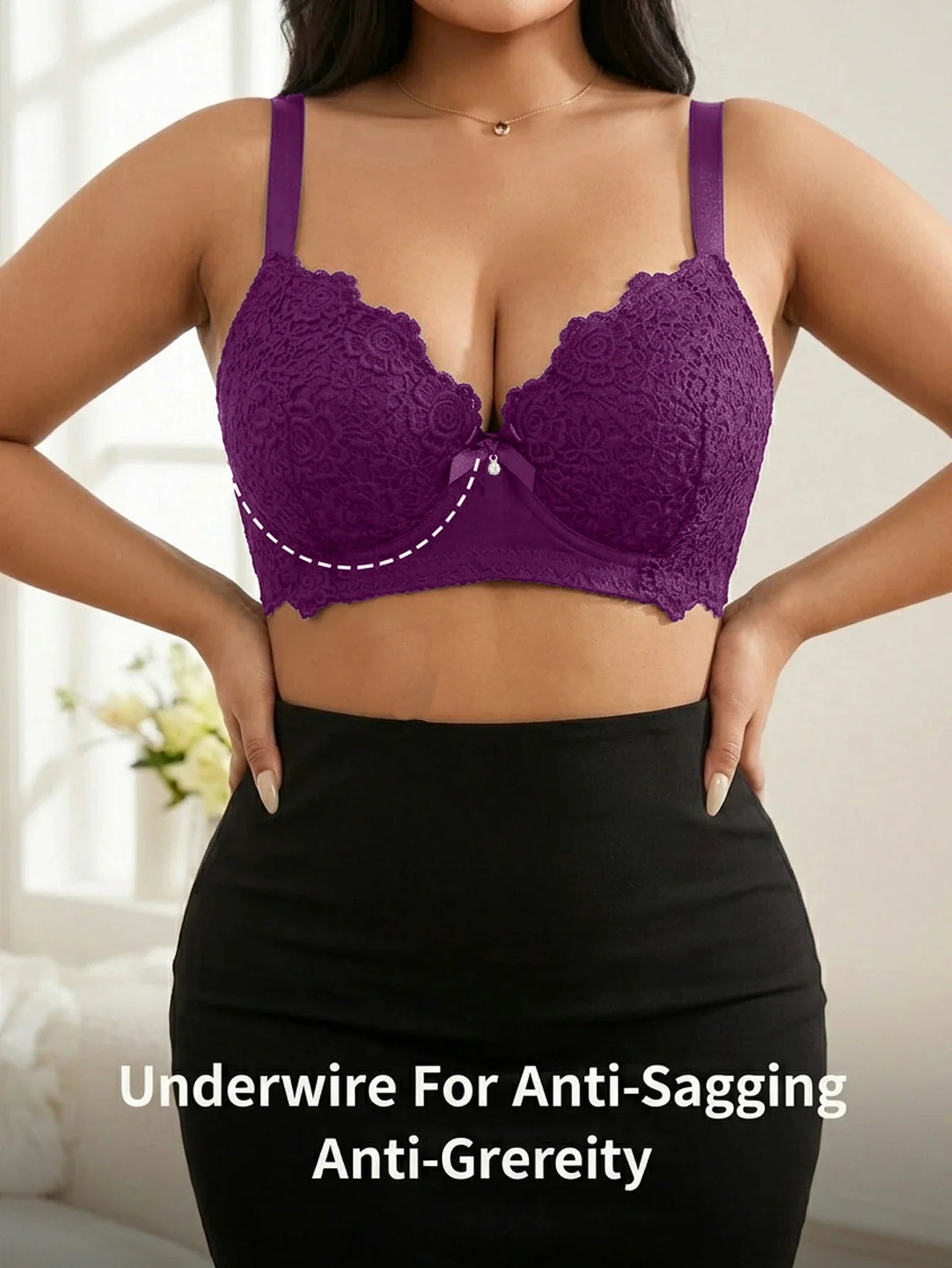 Women's Plus Size Lace Push Up Bra Underwire Side Support Anti-Sagging with Wide Adjustable Straps Brassiere