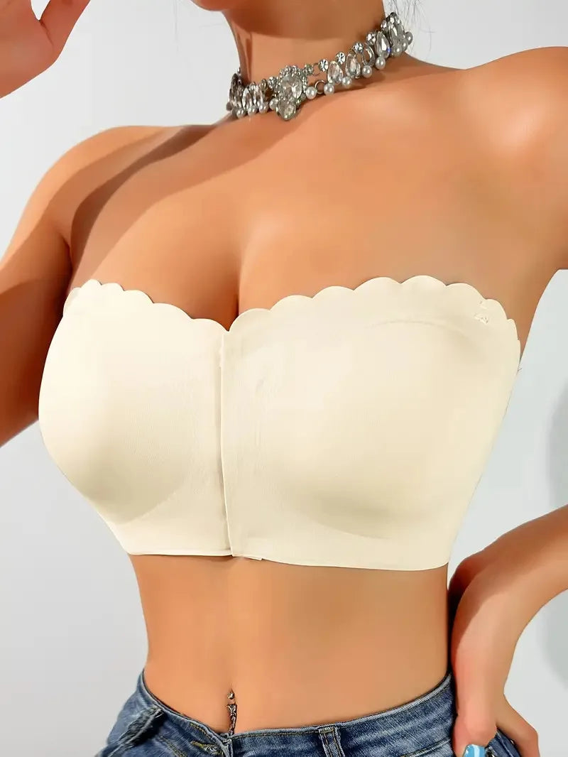 Solid Seamless Strapless Front Closure Wireless Strapless Bra, Sexy Comfy Push Up Bra, Women's Lingerie & Underwear