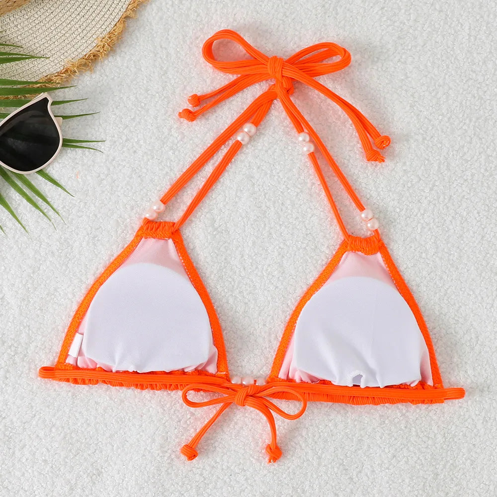 Sexy Orange Bikini 2025 Women Pearls Strap Push Up Drawstring Side Thong Swimsuit Luxury Lace Up Beach Bathing Suit Swimwear