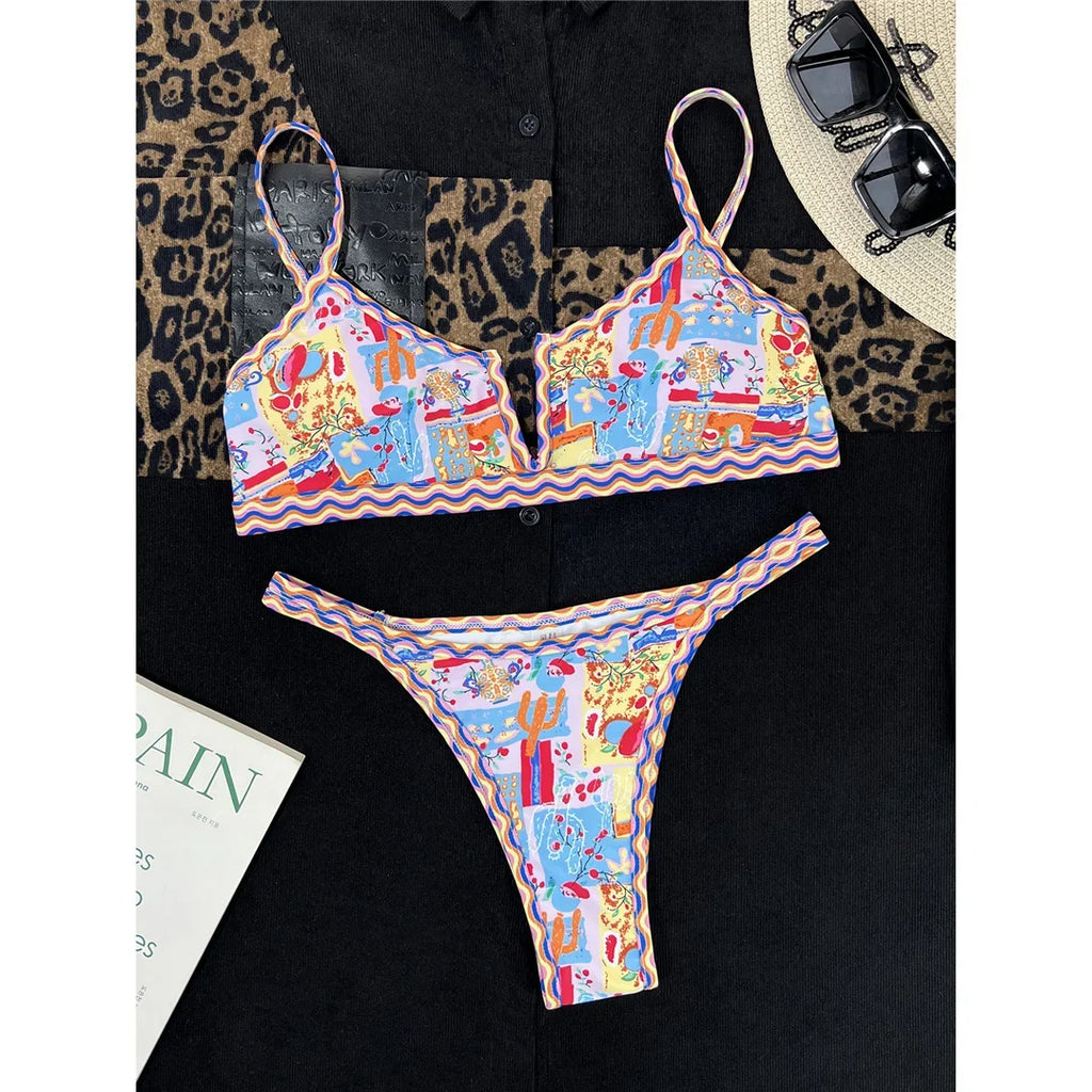 Sexy Printed V Shaped High Leg Cut Bikini Women Swimwear Female Swimsuit Two-Pieces Bikini Set Bather Bathing Suit Swim V4745