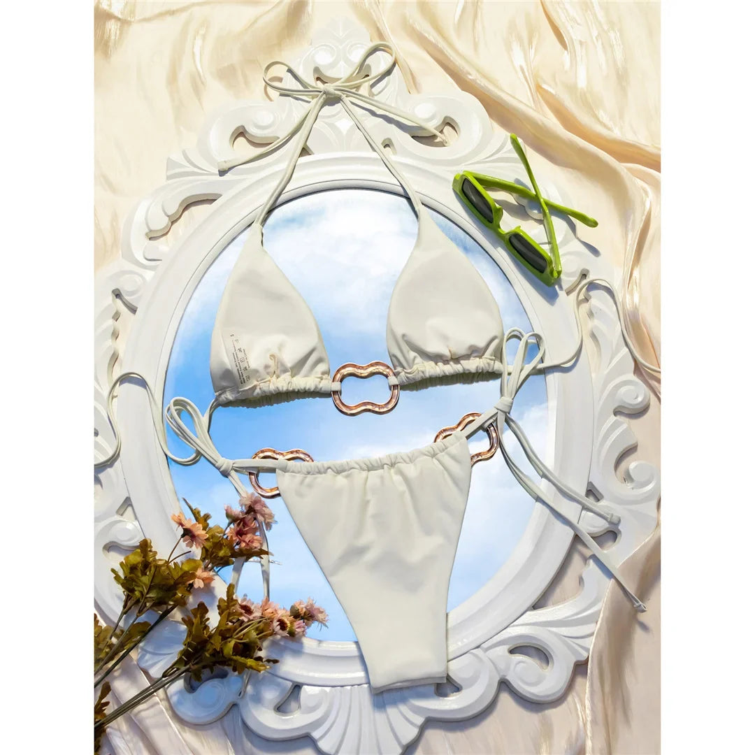 Sexy Halter Metal Rings High Leg Cut Bikini Female Swimsuit Women Swimwear Two-Pieces Bikini Set Bather Bathing Suit Swim V6564