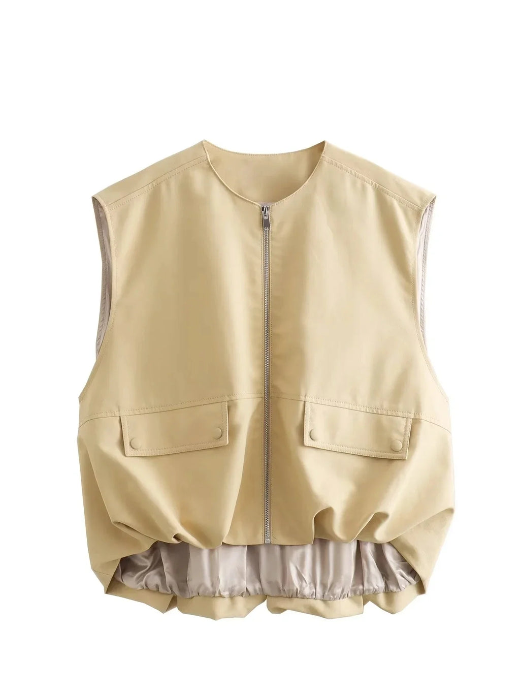 Foridol Padded Beige Waistcoat Folds Winter Sleeveless Vest Coat Turtleneck Pockets Zipper Autumn Thick Warm Parka Jacket