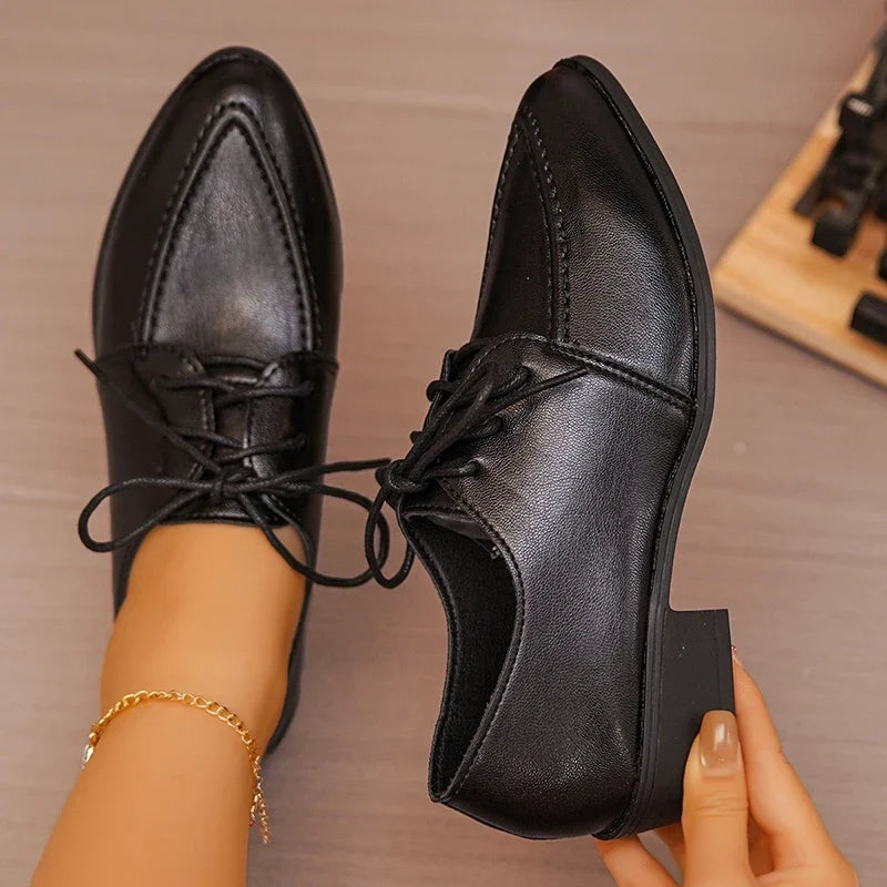 Vinatge Patent Leather Oxford Shoes Women Pointed Toe Low Heel Pu Leather Shoes Woman Plus Size 43 Thick Heeled Office Shoes