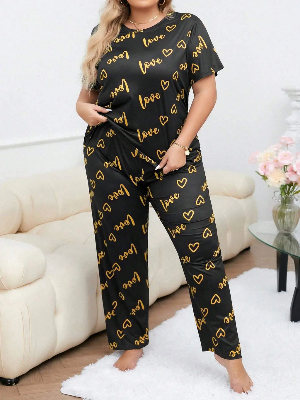 Plus Size 3XL 4XL 5XL Sleepwear Heart Letters Print 2 PCS Pajama Set Women's Casual Short-Sleeve Top and Pants Loungewear