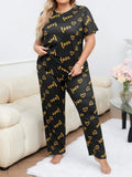 Plus Size 3XL 4XL 5XL Sleepwear Heart Letters Print 2 PCS Pajama Set Women's Casual Short-Sleeve Top and Pants Loungewear