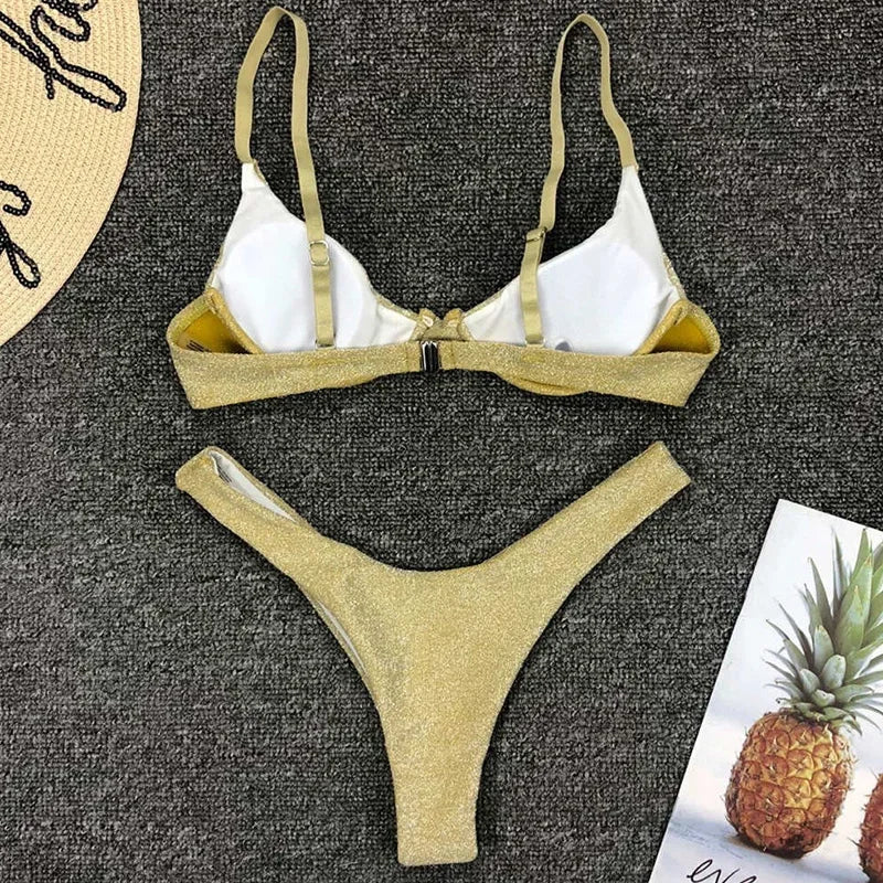 Glitter Sparkling Underwired V-Bar Bikini Women Swimsuit Female Swimwear Two-pieces Bikini Set Micro Thong Bathing Suit Swim