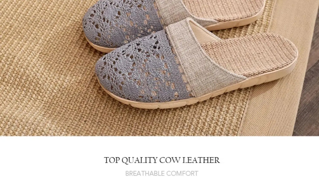 Women Indoor Linen Slippers 2025 Spring Summer Shoes Anti-slip Light Weight Breathable Lace Couples Home Floor Slides