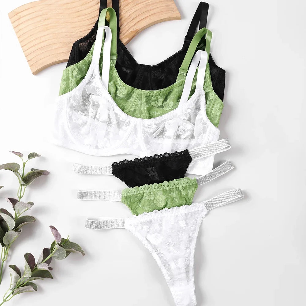 Sexy Floral Lace Womens Lingerie Set Breathable Erotic Bra And Briefs Sets Panties Thong Plus Size Underwear B C D E F Cup