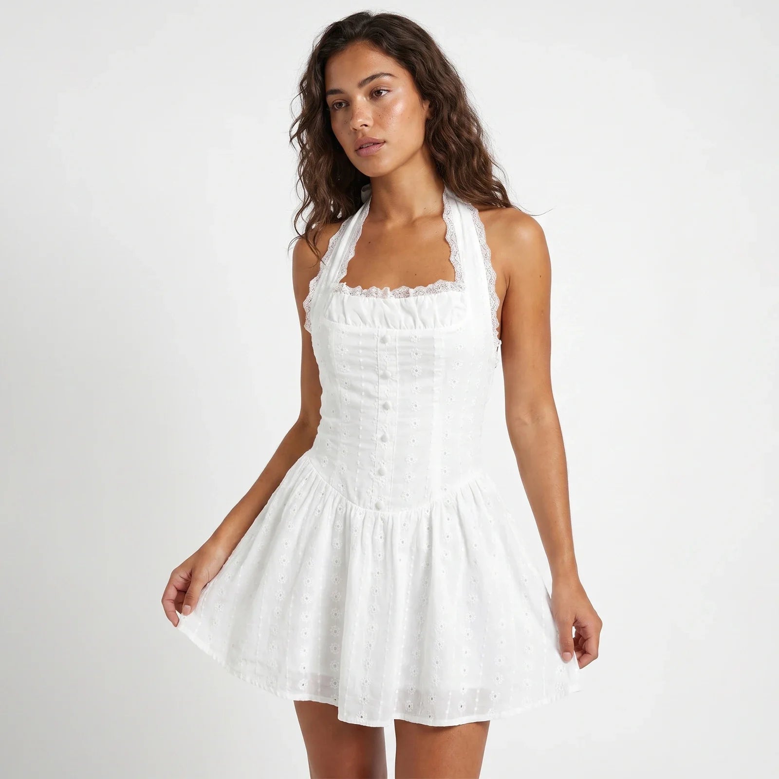 Women's Summer Solid Color Halter Neck Mini Dress Lace Trim Neckline Eyelet Embroidery Backless Tie-Back Slim Party Dresses