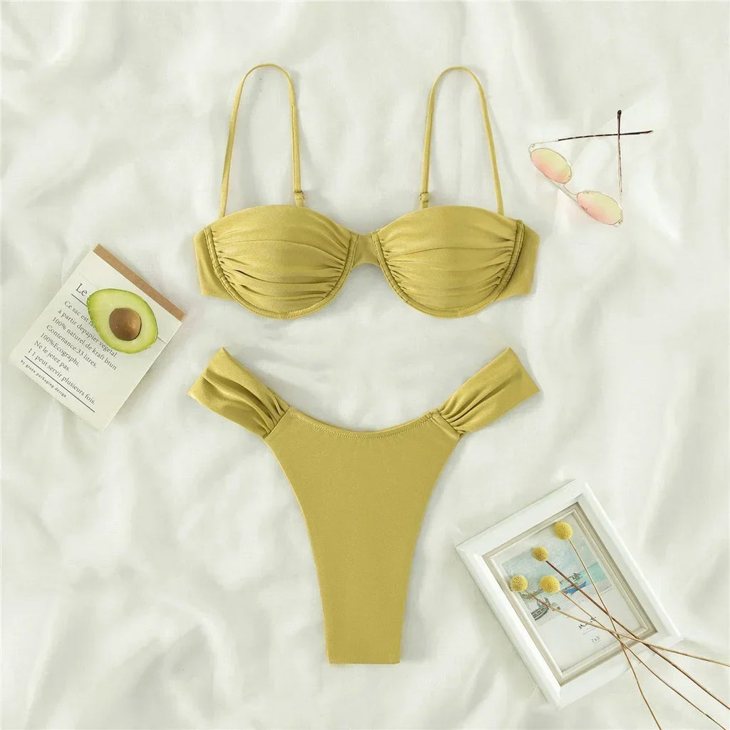 Sexy Wrinkled Underwired Brazilian Bikini Female Swimsuit Women Swimwear Two-pieces Bikini Set Triangle Bathing Suit Swim Lady
