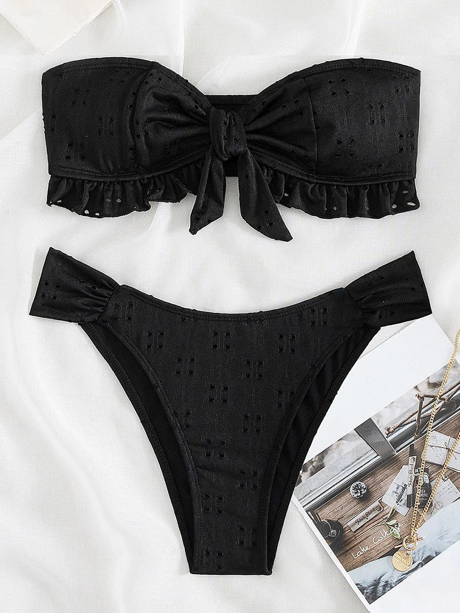 Ruffled Frill Knotted Bandeau Bikini Women Swimwear Female Swimsuit Two-pieces Bikini Set Strapless Bathing Suit Swim Beach Wear