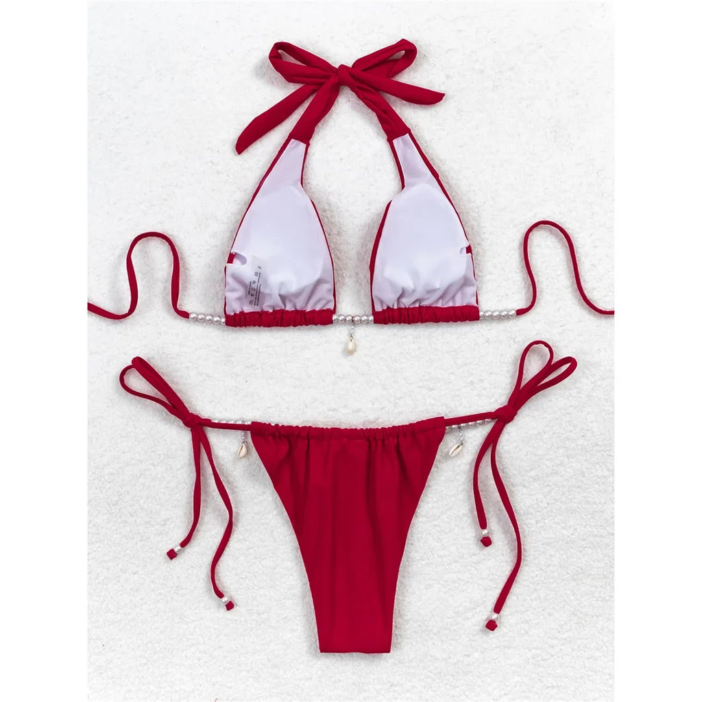 Pearls Halter High Leg Cut Strappy Bikini Women Swimwear Female Swimsuit Two-Pieces Bikini Set Bather Bathing Suit Swim V6290
