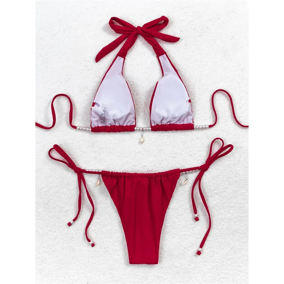 Pearls Halter High Leg Cut Strappy Bikini Women Swimwear Female Swimsuit Two-Pieces Bikini Set Bather Bathing Suit Swim V6290