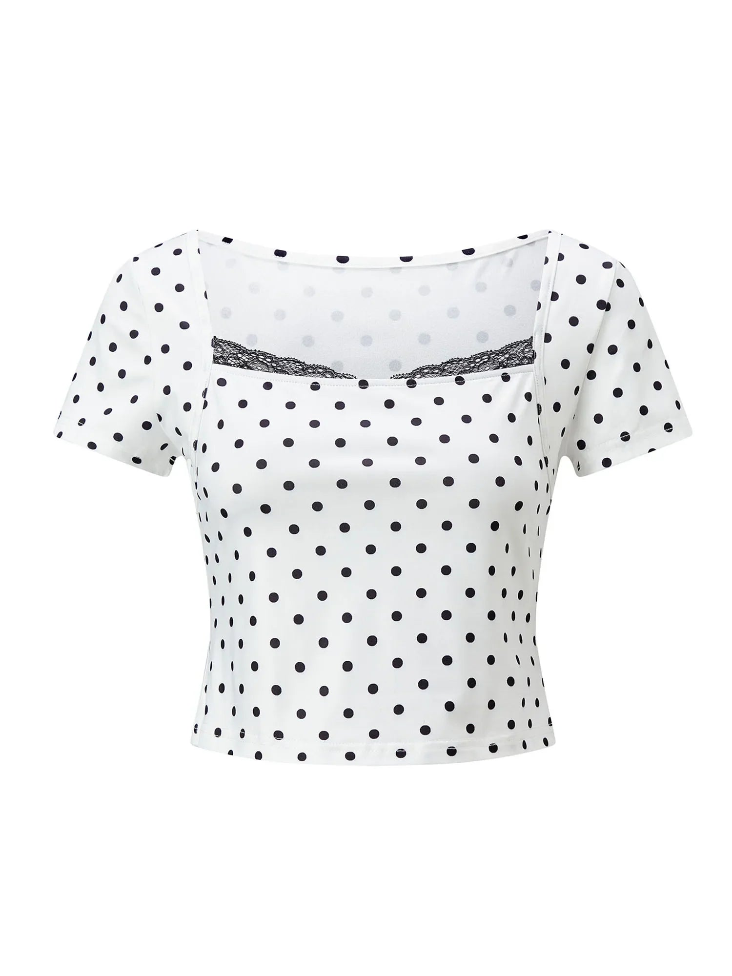 2026 Summer Women Lace Trim T-shirt Square Neck Short Sleeve Slim Fit Cropped Tops Trendy Daily Casual Retro Shirts