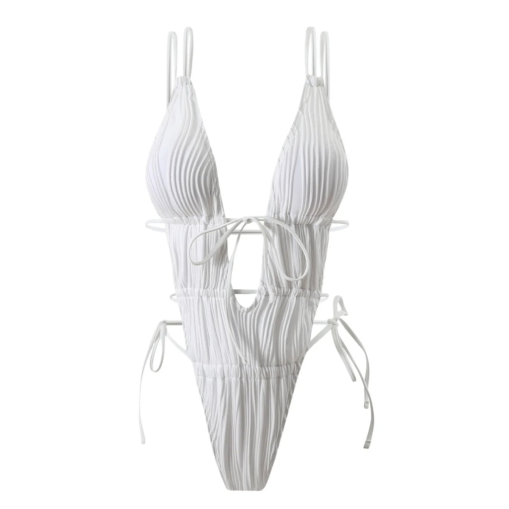 Deep V Neck Halter Wrinkled Female Swimwear One Piece Swimsuit Women Backless Monokini High Cut Bather Bathing Suit Swim Lady