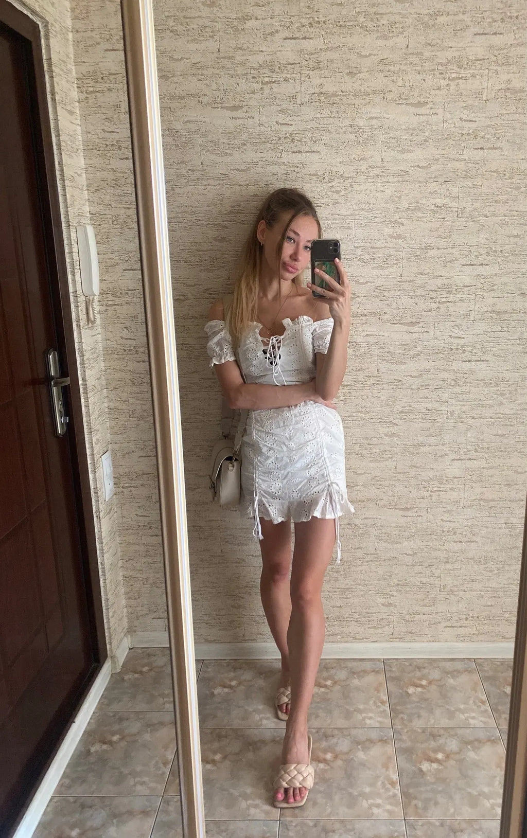 Lace up embriodery white summer dress women hollow out beach short dress puff sleeve ruffle ruched bodycon mini dress vestidos