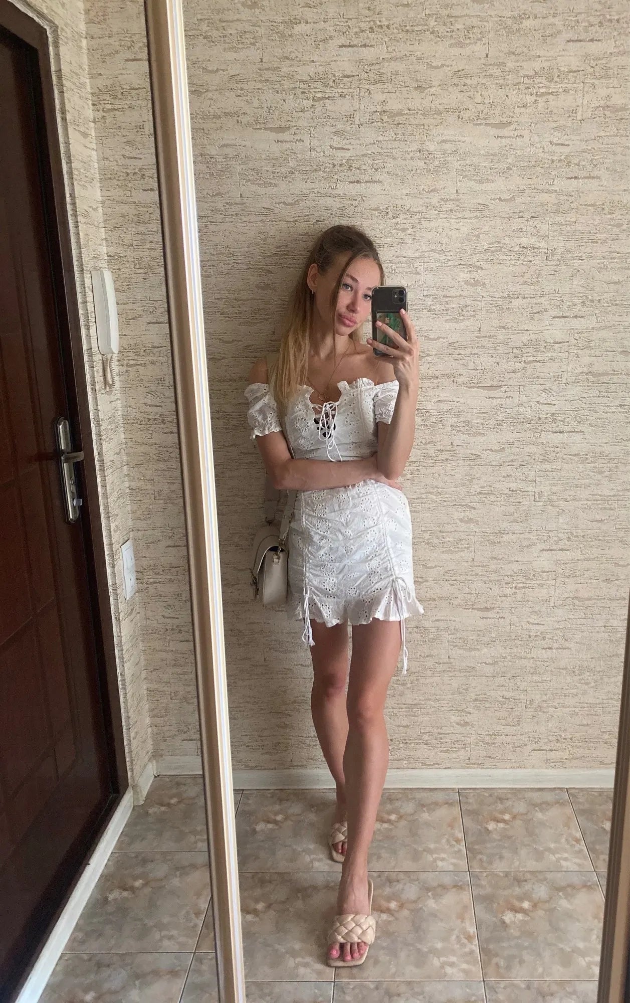 Lace up embriodery white summer dress women hollow out beach short dress puff sleeve ruffle ruched bodycon mini dress vestidos