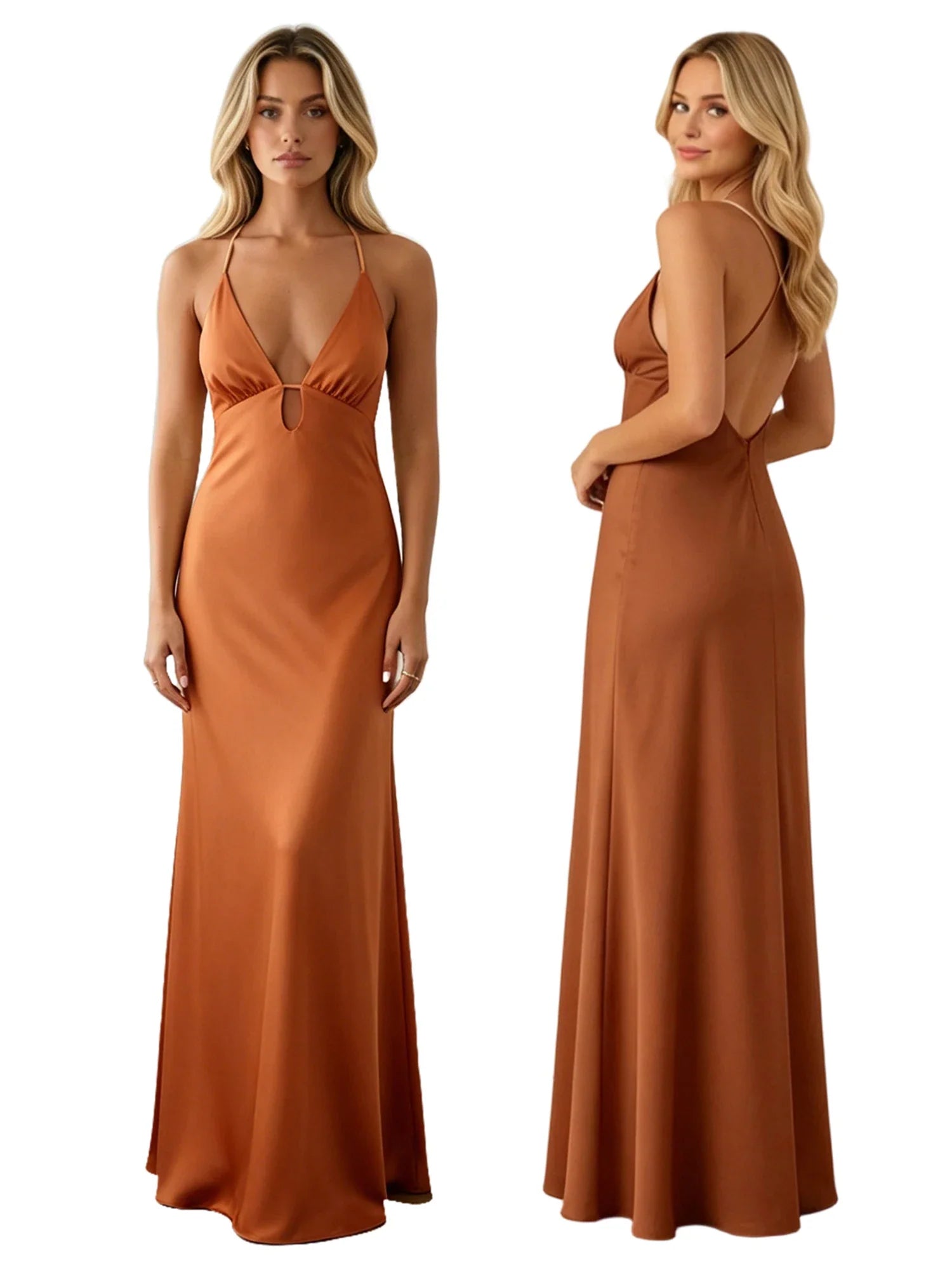 Summer Women's Satin Long Dress Spaghetti Strap Sleeveless V Neck Cutout Slim Fit Elegant Dress for Party Evening Solid Color