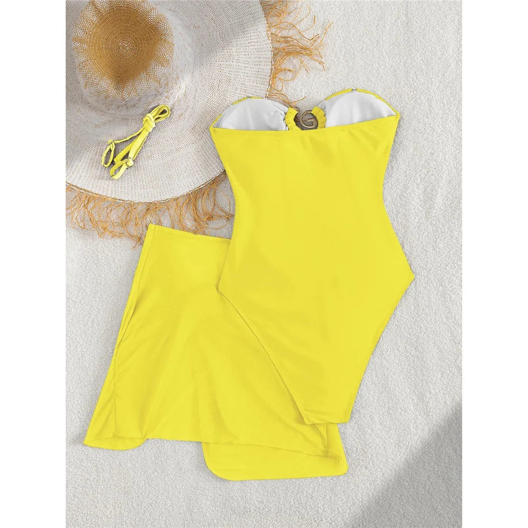 XS - L 6 Colors With Skirt Cut Out Women Swimwear Bandeau Metal Ring Bather Bathing Suit Swim One Piece Swimsuit Female K8108