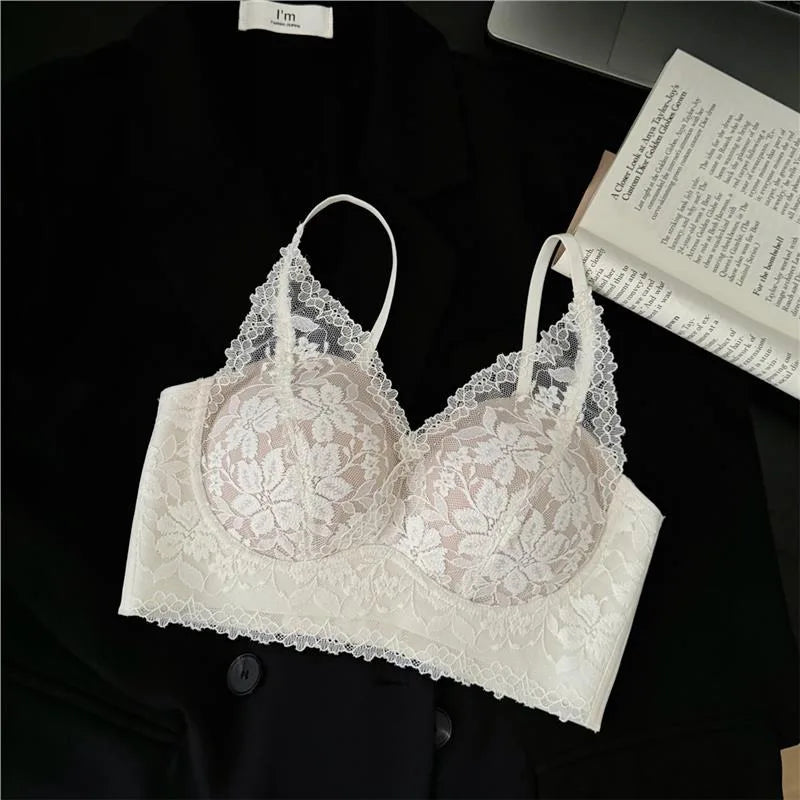 European French Lace Bralette Small Bust Push Up Anti Sagging Comfort Bras for Women Lace Back Thin Style Elegant Everyday Wear