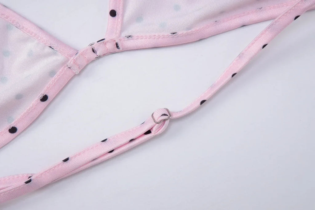 FDYOUI Women's Polka Dot Print Pink Swimsuit Lace-up Bras Panties Split Skirts 3 Pieces Bikinis Sets Bathing Suit Beach Swimwear