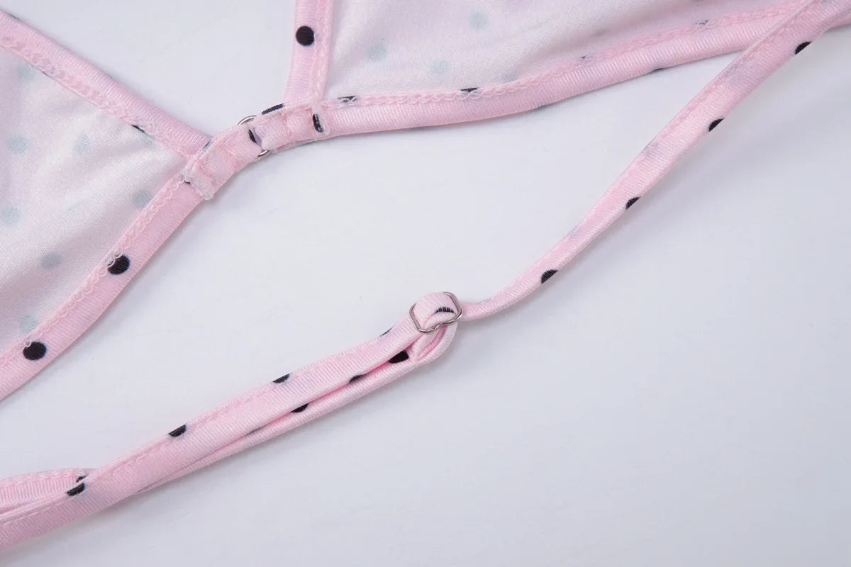 FDYOUI Women's Polka Dot Print Pink Swimsuit Lace-up Bras Panties Split Skirts 3 Pieces Bikinis Sets Bathing Suit Beach Swimwear