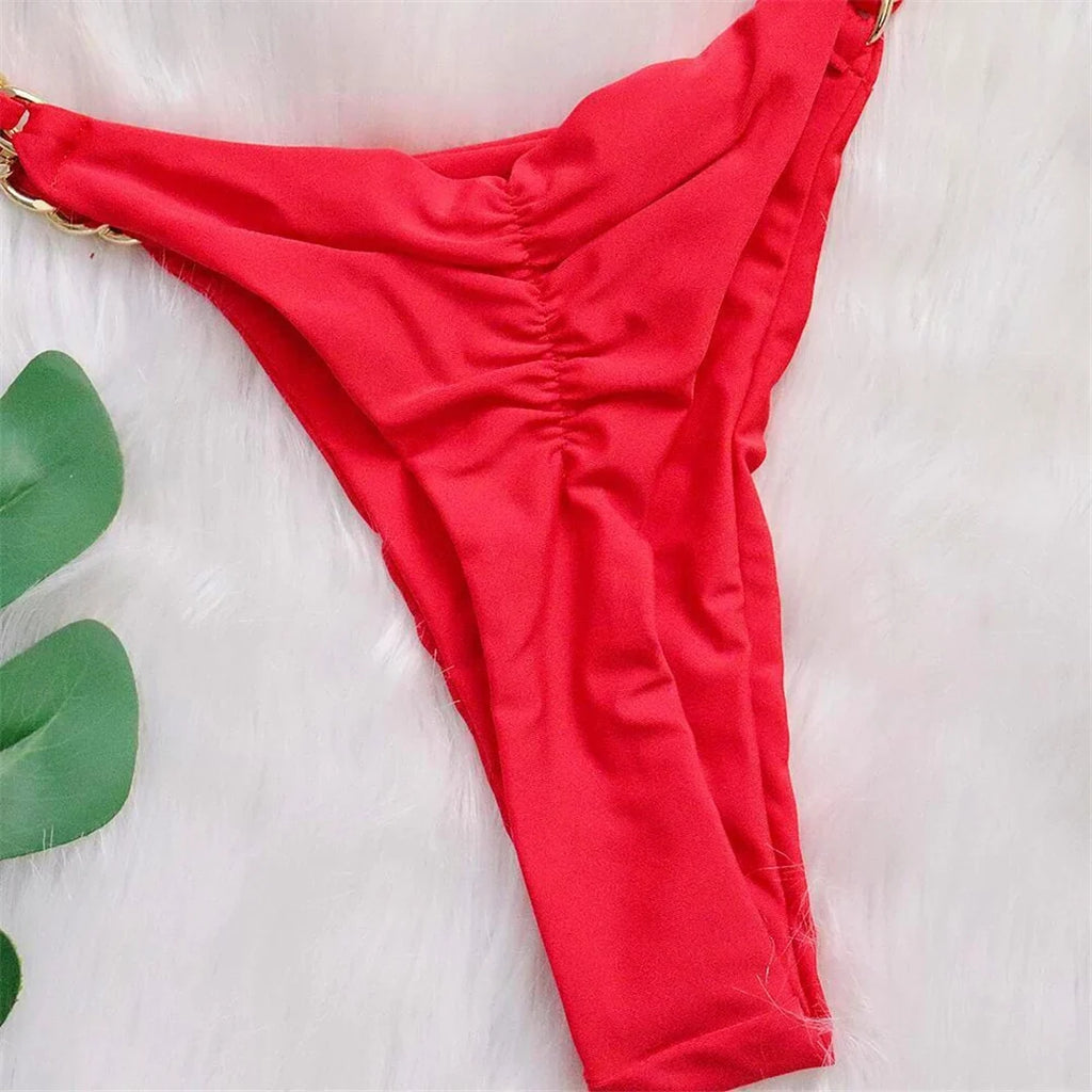 Metal Ring Halter Scrunch Butt Thong Bikini Women Swimwear Female Swimsuit Two-Pieces Bikini Set Bather Bathing Suit Swim V4391