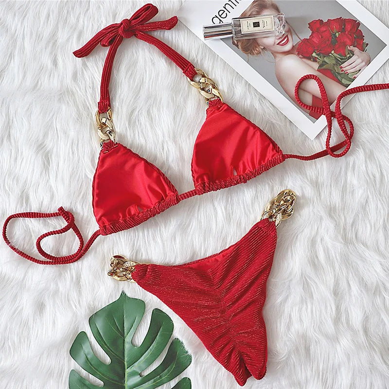 Halter Ribbed Metal Chains Diamond Bikini Women Swimsuit Female Swimwear Two-pieces Bikini Set Bather Bathing Suit Swim Lady