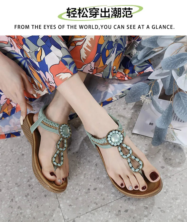 2026 New Shoes for Women Bohemia Crystal Sandals Women Shoes Rhinestone Lady Flip Flops Pearl Slip on Flat Beach Shoes