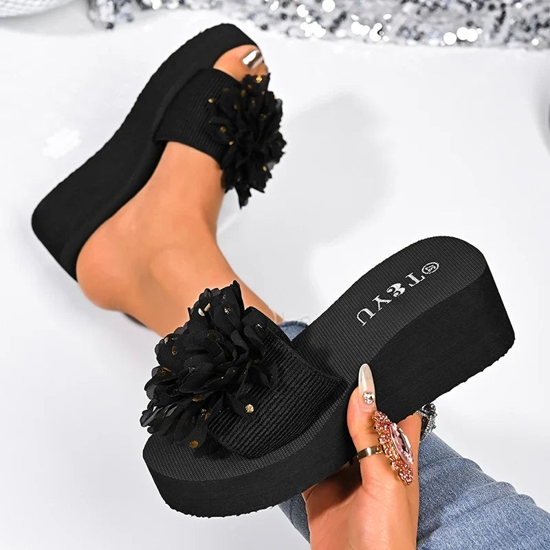 Fashion Flower Design Wedge Slippers Women Summer Sequins Black Platform Slides Female Stylish Anti-Slip High Heel Sandals Mujer