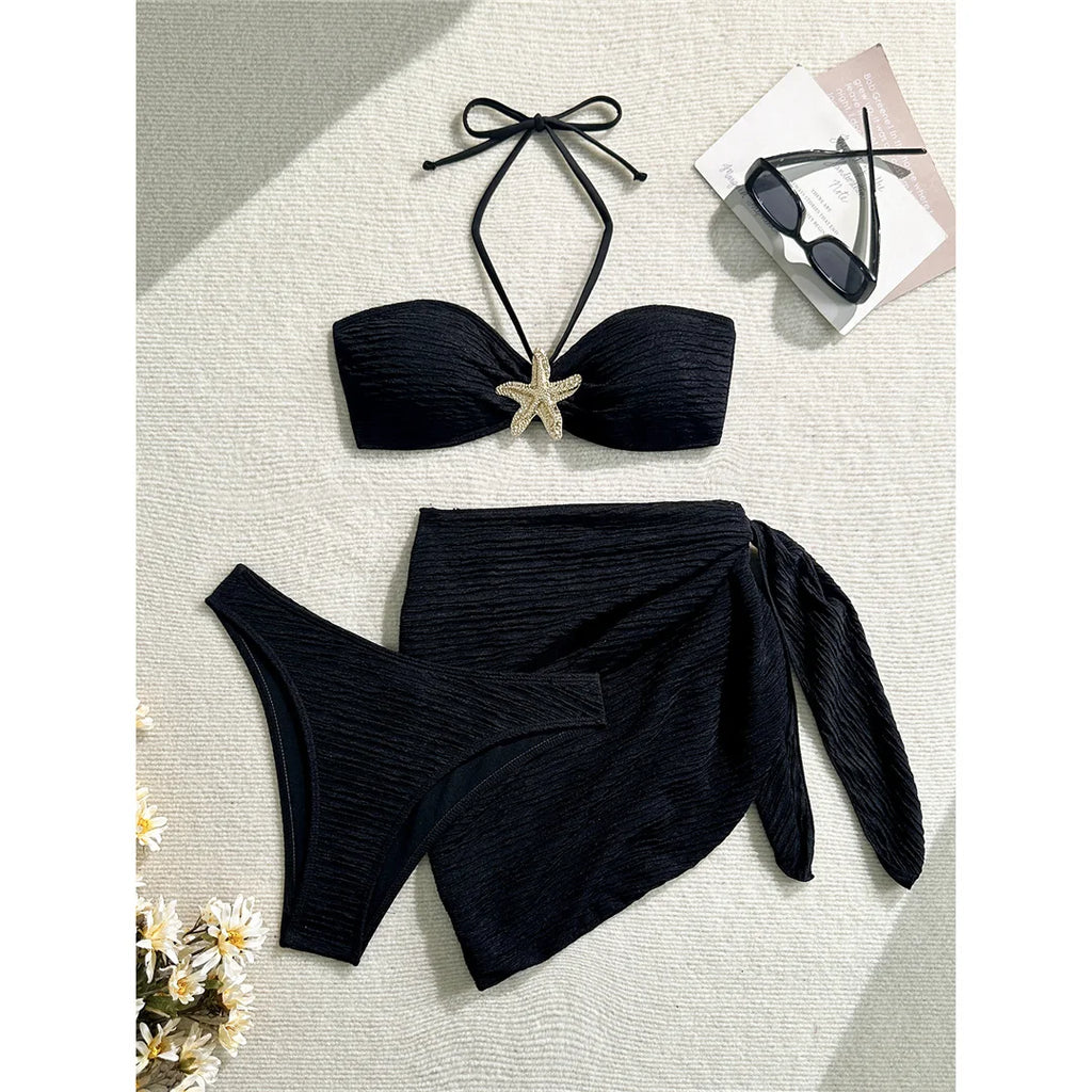 3PCS With Sarong Metal Star Halter Bikini Female Swimsuit Women Swimwear Three-Pieces Bikini Set Bather Bathing Suit Swim V7042
