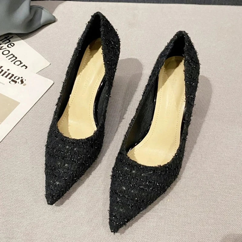Fashion Tweed Cloth Stiletto Heel Pumps Women Elegant Pointed Toe High Heel Shoes Woman Brand Thin Heeled Party Dress Shoes